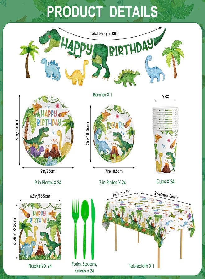 Litmitfu 170 Pcs Dinosaur Birthday Decorations - Jungle Dino Party Supplies Sets, Includes Happy Birthday Dinner Plates Napkins, Flatware, Banners and Cups for Dinosaur Party Decorations Favors, Serves 24 - Image 3